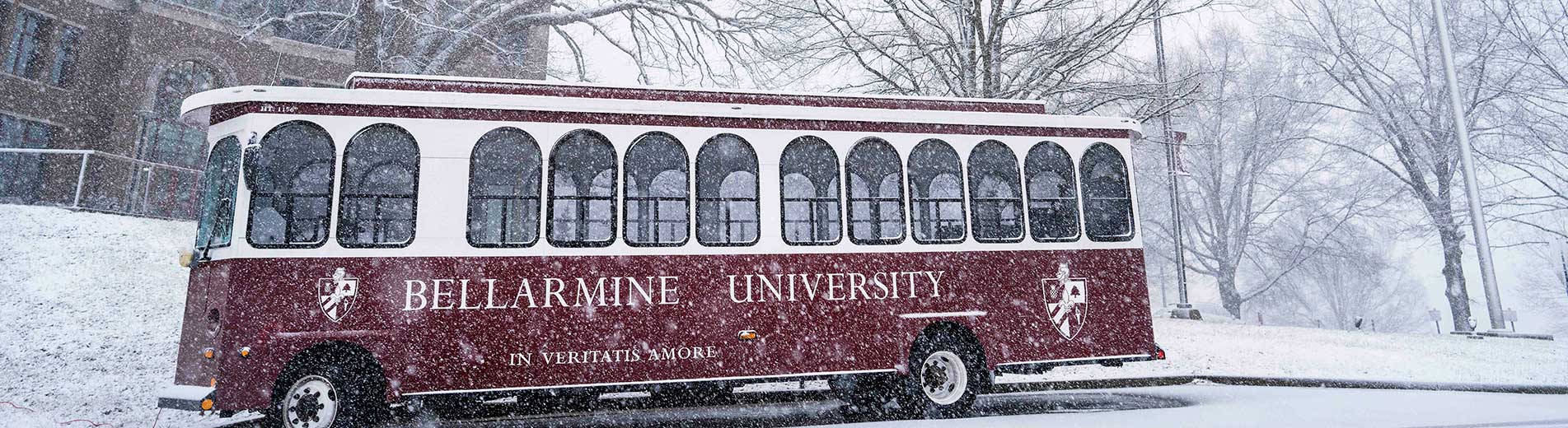 Bellarmine trolley in a snowfall