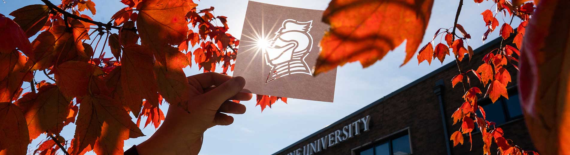 Bellarmine Logo held against the sun outside on campus