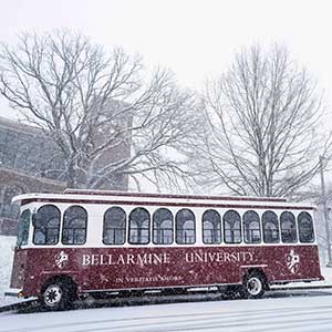 Bellarmine trolley in a snowfall